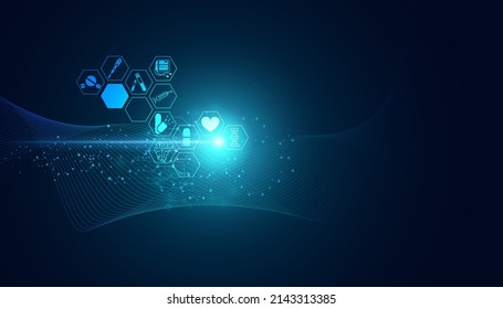 Abstract health science consist health icons and speed wave digital technology concept modern medical on hi tech future blue background.