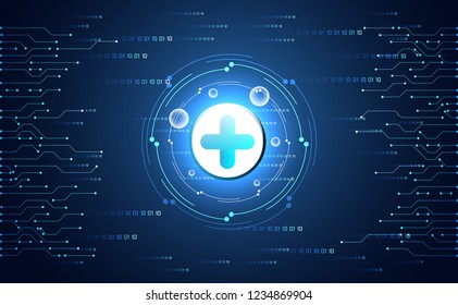 Abstract health science consist health plus digital technology concept  modern medical technology,Treatment,medicine on hi tech future blue background. for template, web design or presentation.