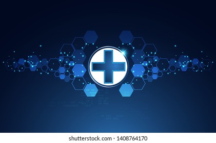 Abstract health science consist health plus digital technology concept  modern medical technology,Treatment,medicine on hi tech future blue background. for template, web design or presentation.