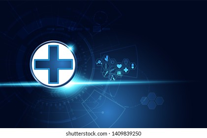 Abstract health science consist health plus digital technology concept modern medical technology,Treatment,medicine on hi tech future blue background. for template, web design or presentation.