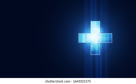 Abstract health science consist health plus digital technology concept  modern medical on hi tech future blue background.