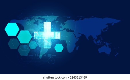 Abstract health science consist health plus polygon map digital technology concept  modern medical on hi tech future blue background.
