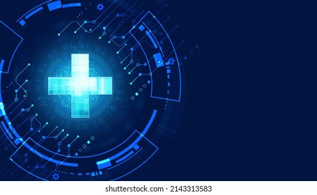 Abstract health science consist health plus circle digital technology concept  modern medical on hi tech future blue background.