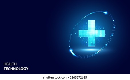 Abstract health science consist health plus circle digital technology concept  modern medical on hi tech future blue background.