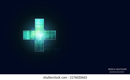 Abstract health science consist health plus digital technology concept  modern medical on hi tech future blue background.