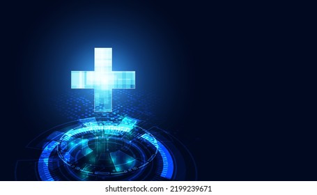 Abstract health science consist health plus digital technology concept  modern medical on hi tech future blue background.