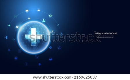 Abstract health science consist health plus circle digital and world icons technology concept modern medical on hi tech future blue background.