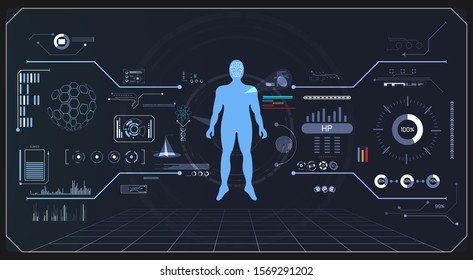 abstract health technology ui futuristic hud human interface hologram elements of digital data chart, communication, computing and innovation on hi tech future design background