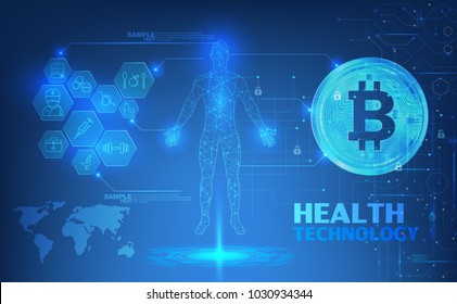 Abstract health technology web banner with golden bitcoin and dark blue background with circuits and wheel. Vector illustration.; digital blueprint of human; 3D body part of human,icons health vector 