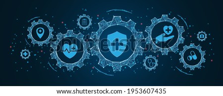 Abstract healthcare concept in dark background. Cogs and gear wheel mechanisms concept. wireframe low polygonal blue mesh with dots, lines, and shapes.