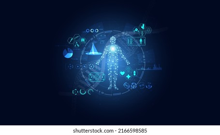 Abstract, Healthcare, Innovation, Medical Research, Concept, Dna, Medical Icon Gene Editing Technology Interface Laboratory Using AI Robots On Blue Background. Vector Illustration.