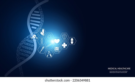 Resumen, salud, innovación, investigación médica, concepto, adn, ícono médico tecnología de edición de genes interfaz laboratorio sobre fondo azul. Ilustración vectorial.