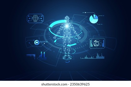 Resumen, salud, innovación, investigación médica, concepto, adn, ícono médico de la tecnología de edición de genes de laboratorio usando robots de IA sobre fondo azul. Ilustración vectorial.