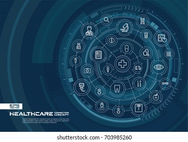 Abstract Healthcare, Medicine Background. Digital Connect System With Integrated Circles, Glowing Thin Line Icons. Virtual, Augmented Reality Interface Concept. Vector Future Infographic Illustration