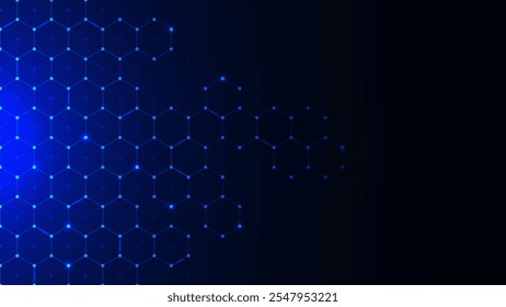 Tecnologia de saúde abstrata com padrão de hexágonos em fundo azul escuro. Inovação medicina, ciência, estrutura molecular, engenharia química e conceito de pesquisa genética. Ilustração vetorial