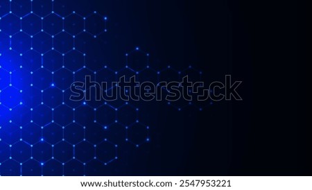 Abstract healthcare technology with hexagons pattern on dark blue background. Innovation medicine, science, molecular structure, chemical engineering and genetic research concept. Vector illustration