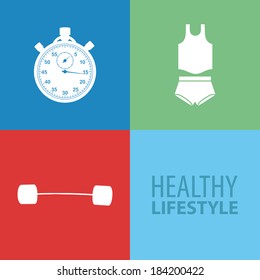 abstract healthy lifestyle objects on squares with different color