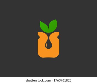 Abstract healthy organic jar with honey compote jam juice logo isolated on dark background. Logotype icon emblem sign in flat style. Vector illustration