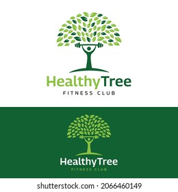 Abstract Healthy Tree with Barbell Logo Design Template. Suitable for Natural Tree Business or Fitness Gym Body Builder Logo Design.