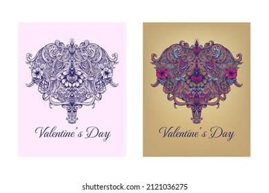 Abstract heart background for valentines day card. Floral ornament decoration symbol of love. Retro Style illustration.