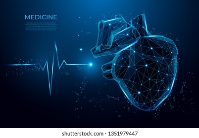 Abstract heart beat form lines and triangles, point connecting network on blue background. 3d medicine model low poly. Polygon vector wireframe concept