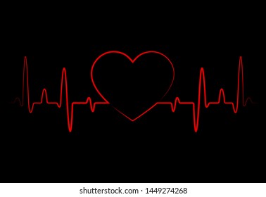 Abstract heart beats, cardiogram. Cardiology black background with red heart. Pulse of life line forming heart shape. Medical design with red heart. vector eps10