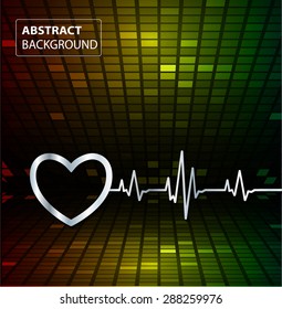 Abstract heart beats cardiogram illustration. vector. Pixels, Mosaic, Table. text box. card. red yellow green backgrounds.