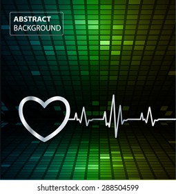 Abstract heart beats cardiogram illustration. vector. Pixels, Mosaic, Table. text box. card. blue yellow green backgrounds.
