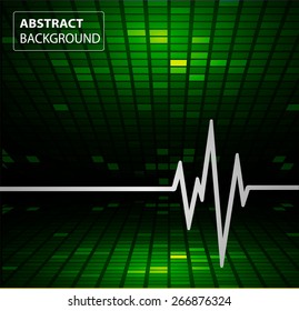 Abstract heart beats cardiogram. Pulse icon. green background. Mosaic table, pixels