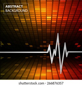 Abstract heart beats cardiogram. Pulse icon. orange red background. Mosaic table, pixels