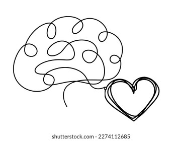 Abstract heart with brain as continuous line drawing on white background. Vector