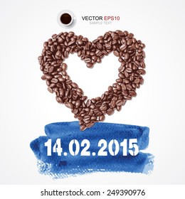 Abstract heart of coffee beans with alphabet number of "Valentine's Day" on blue brush background. Vector illustration.