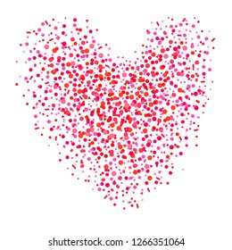 Abstract heart with confetti on isolated white. Holiday background from random geometric elements. Pattern for banners, posters and textiles. Greeting cards. Doodle for design and business