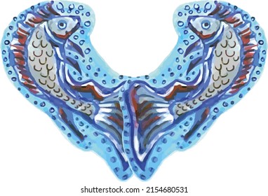 Abstract heart created by fish symbols on white. Two fish like carp or heart-shaped crucian carp with bubbles in the gray-blue key for business concepts, print, cards, textiles, fabric, fashion trends