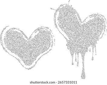 Abstract heart created using black stipple dots. Perfect for creative designs, Valentine`s Day, wedding, invitation. Dots adds texture and depth to the heart shape. Dotted grungy heart shape.