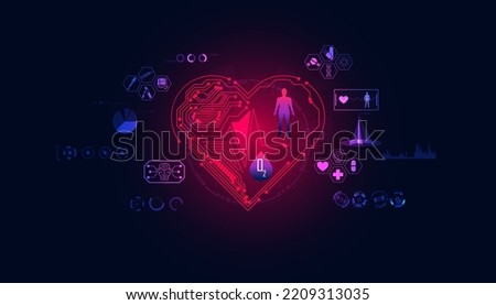 abstract heart digital processing body heart rate blood oxygen interface health on blue modern background