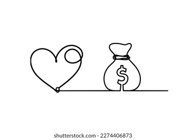 Abstract heart with dollar as continuous line drawing on white background. Vector