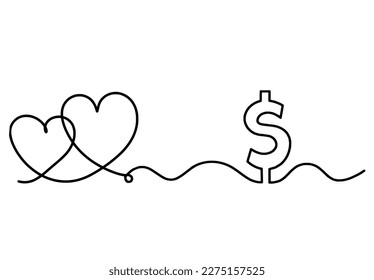 Abstract heart with dollar as continuous line drawing on white background. Vector