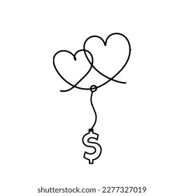 Abstract heart with dollar as continuous line drawing on white background. Vector