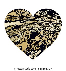 Abstract heart with Ebru texture. Marble pattern. Vector illustration art greeting cards for Valentine's Day. Gold foil, black spots and wavy curls on a white background. Suminagashi style. 