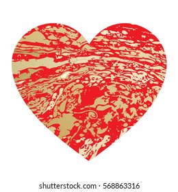 Abstract heart with Ebru texture. Marble pattern with spots and wavy curls. Vector illustration art greeting cards for Valentine's Day. Print gold foil on a red background. Suminagashi style. 