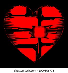 Abstract heart. Heart as an electronic chip. Vector illustration.