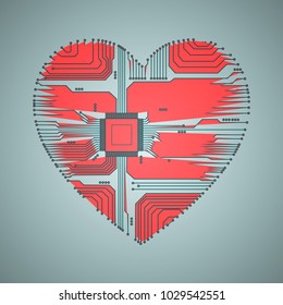 Abstract heart. Heart as an electronic chip. Vector illustration.