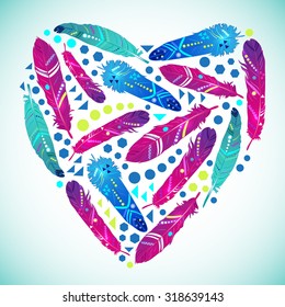 Abstract heart from feathers with ethnic pattern, vector EPS10.