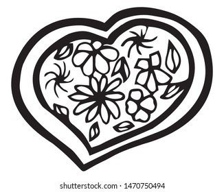 Abstract heart with a floral pattern inside. Abstraction. Graphics. Black line. For any design