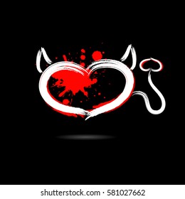 Abstract heart in the form of devil hand-drawn with blots paint. Isolated on a black background. Vector illustration