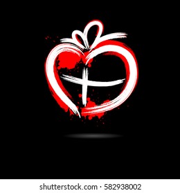 Abstract heart in the form of gift hand-drawn with blots paint. Isolated on a black background. Vector illustration