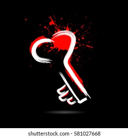 Abstract heart in the form of key  hand-drawn with blots paint. Isolated on a black background. Vector illustration