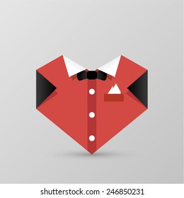 Abstract heart in the form of a man's suit. Origami Valentines Day. Paper logo. With Space For Text. Isolated on a gray background. Vector illustration.