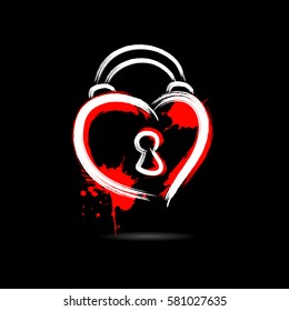 Abstract heart in the form of a padlock hand-drawn with blots paint. Isolated on a black background. Vector illustration